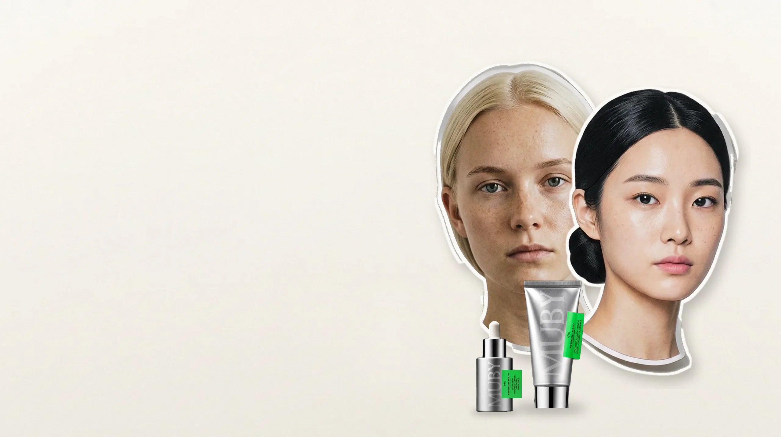 Paper cut-outs of a Swedish and a Korean woman side by side, with Muby Boost and Moist in front
