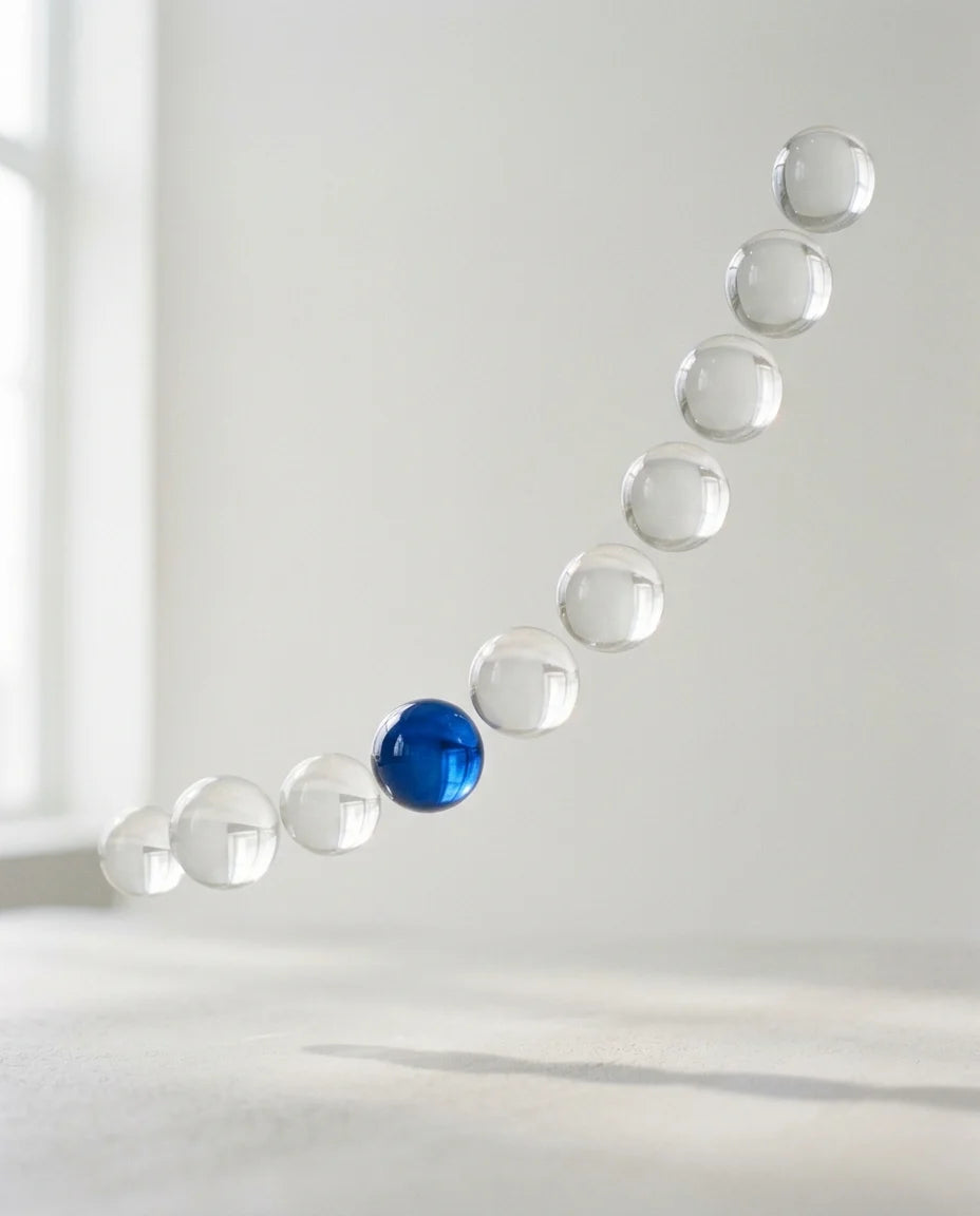 Nine droplets on glass, one sapphire blue for copper peptide