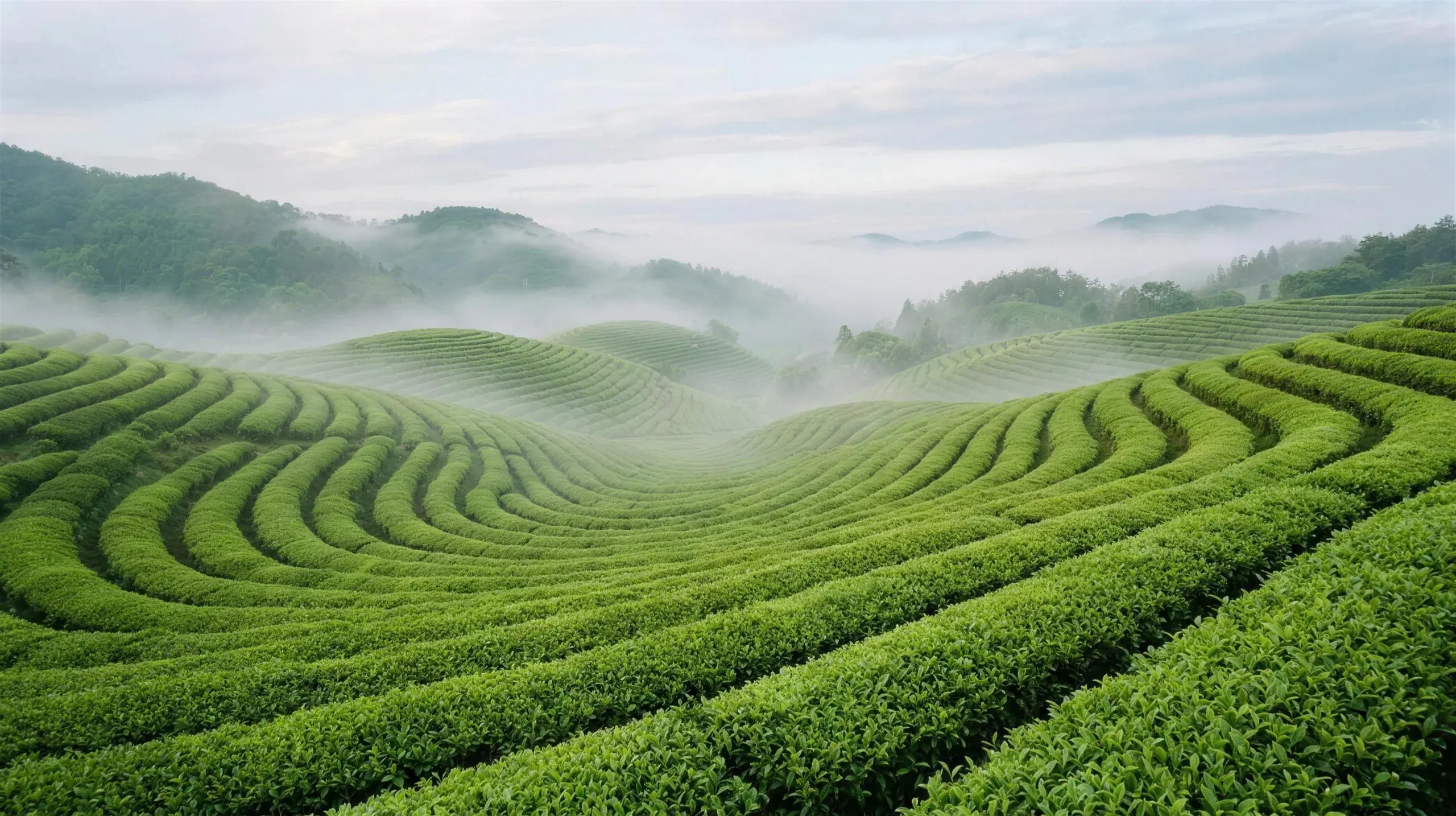 Green tea terraces in morning mist, Boseong, Korea