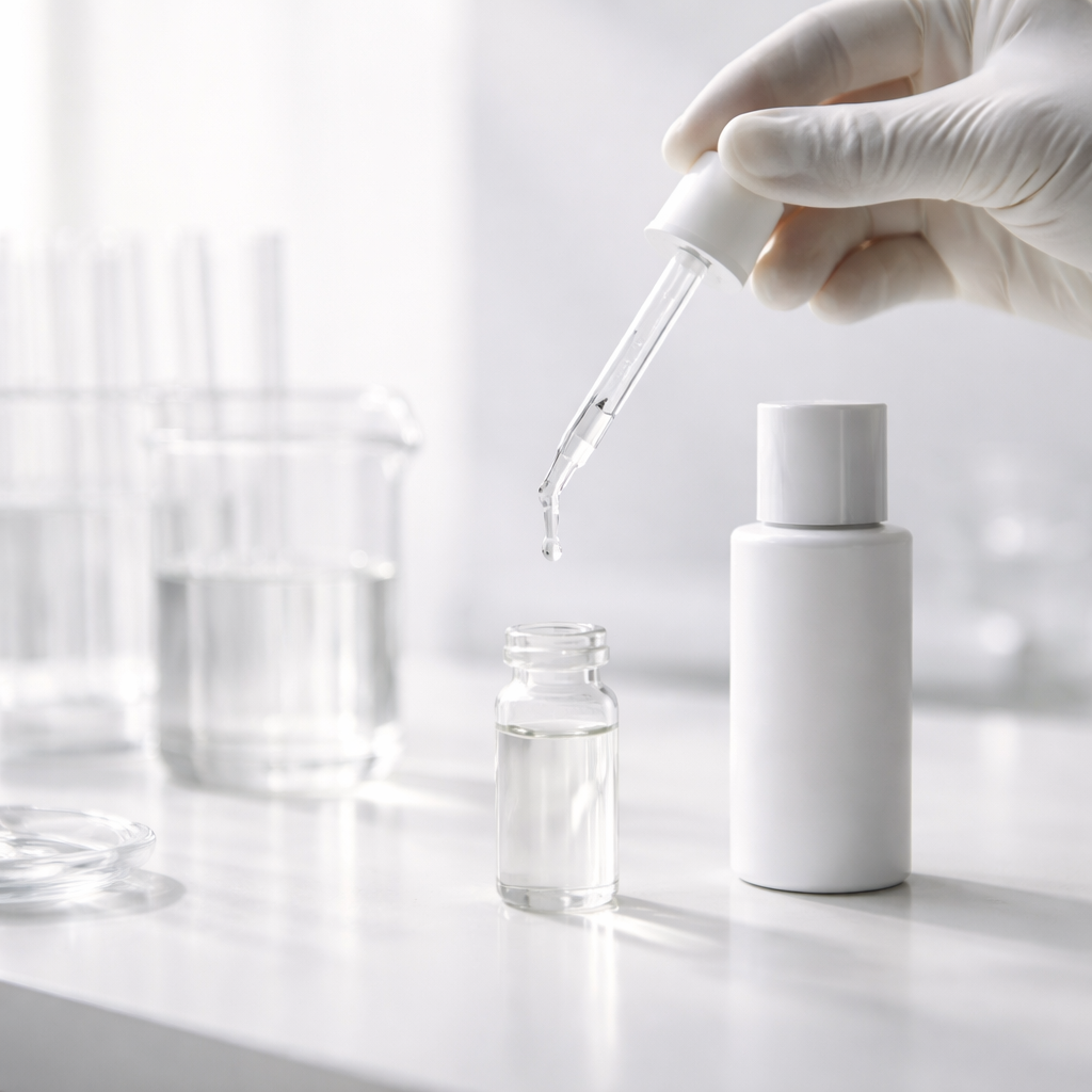 Hand in a white glove using a dropper to transfer liquid from one container to another