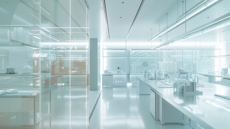 Modern office space with glass partitions and white furniture