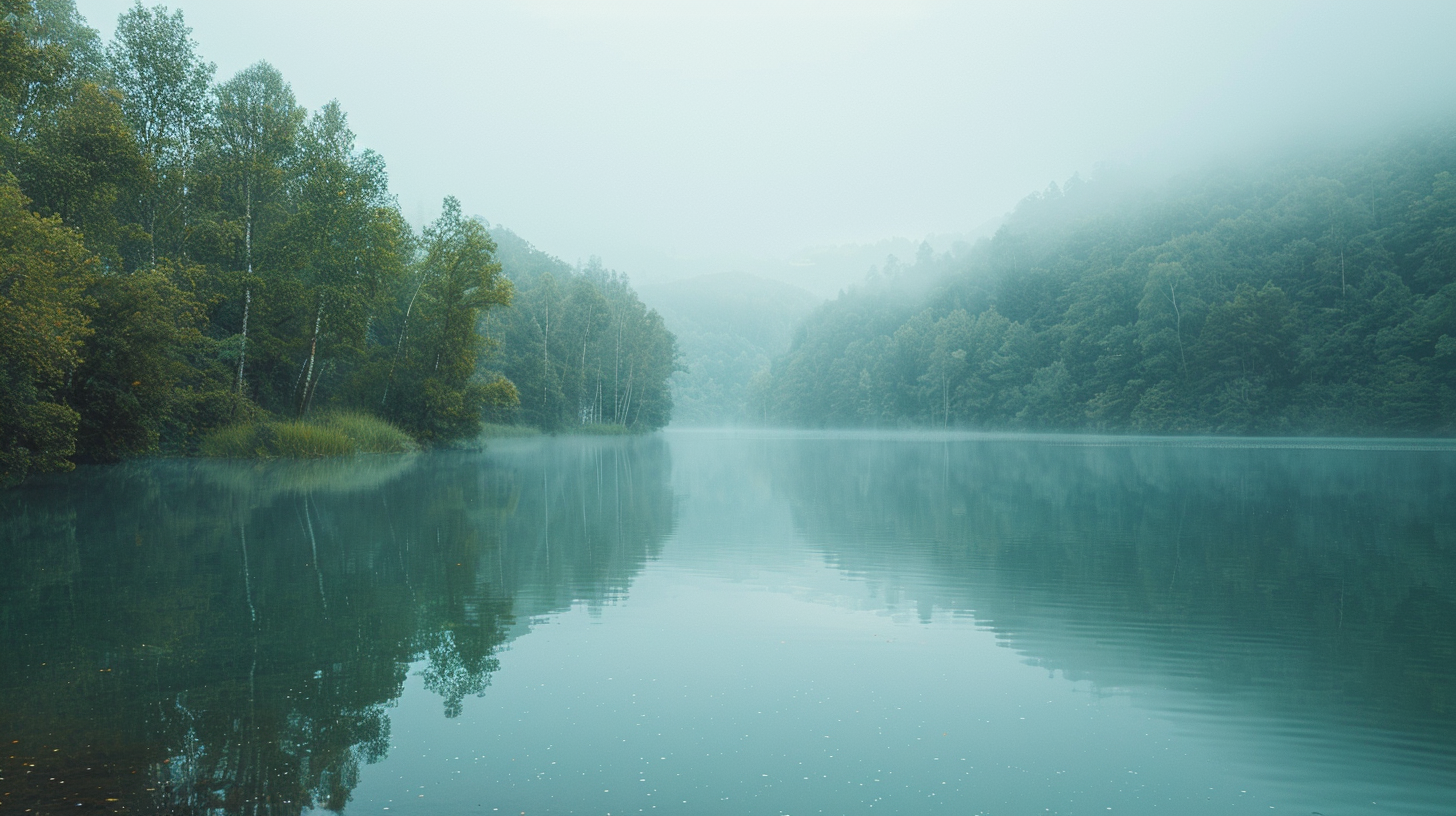 Misty lake surrounded by trees on a foggy day