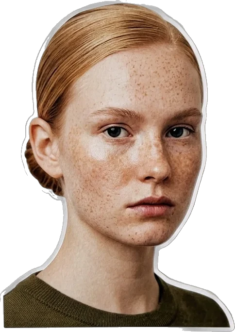 Paper cut-out of a freckled woman with a slick bun