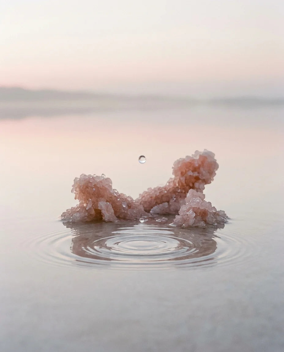 Pink halophile salt crystals from a salt lake with a single water droplet