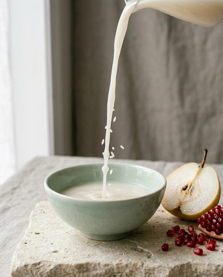 An onggi jar of fermented rice with rice, soybeans, barley, Korean pear and pomegranate