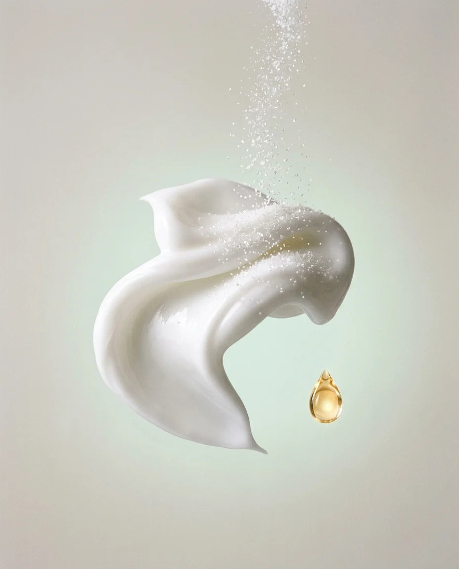 White niacinamide crystals flowing into a cream swirl beside a drop of panthenol